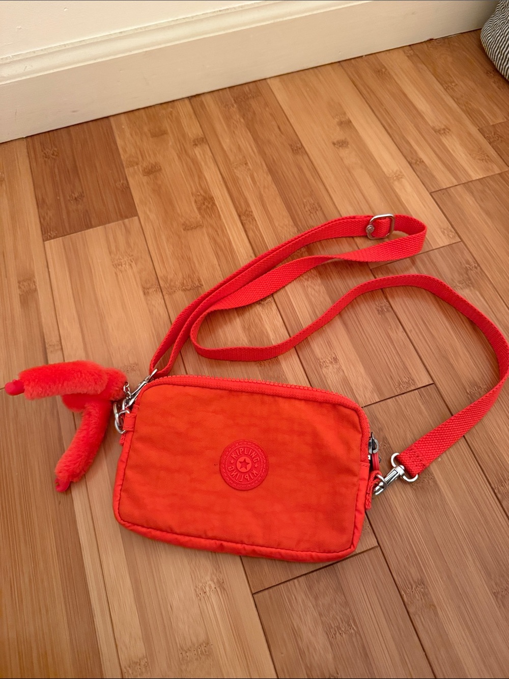 Orange Small Crossbody Shoulder Bag with Plush Charm Kipling
